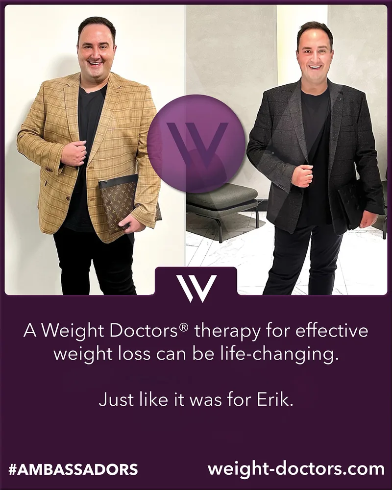 Weight Doctors® قبل وبعد: Erik قبل علاجه لإنقاص الوزن لدى Weight Doctors® وبعده