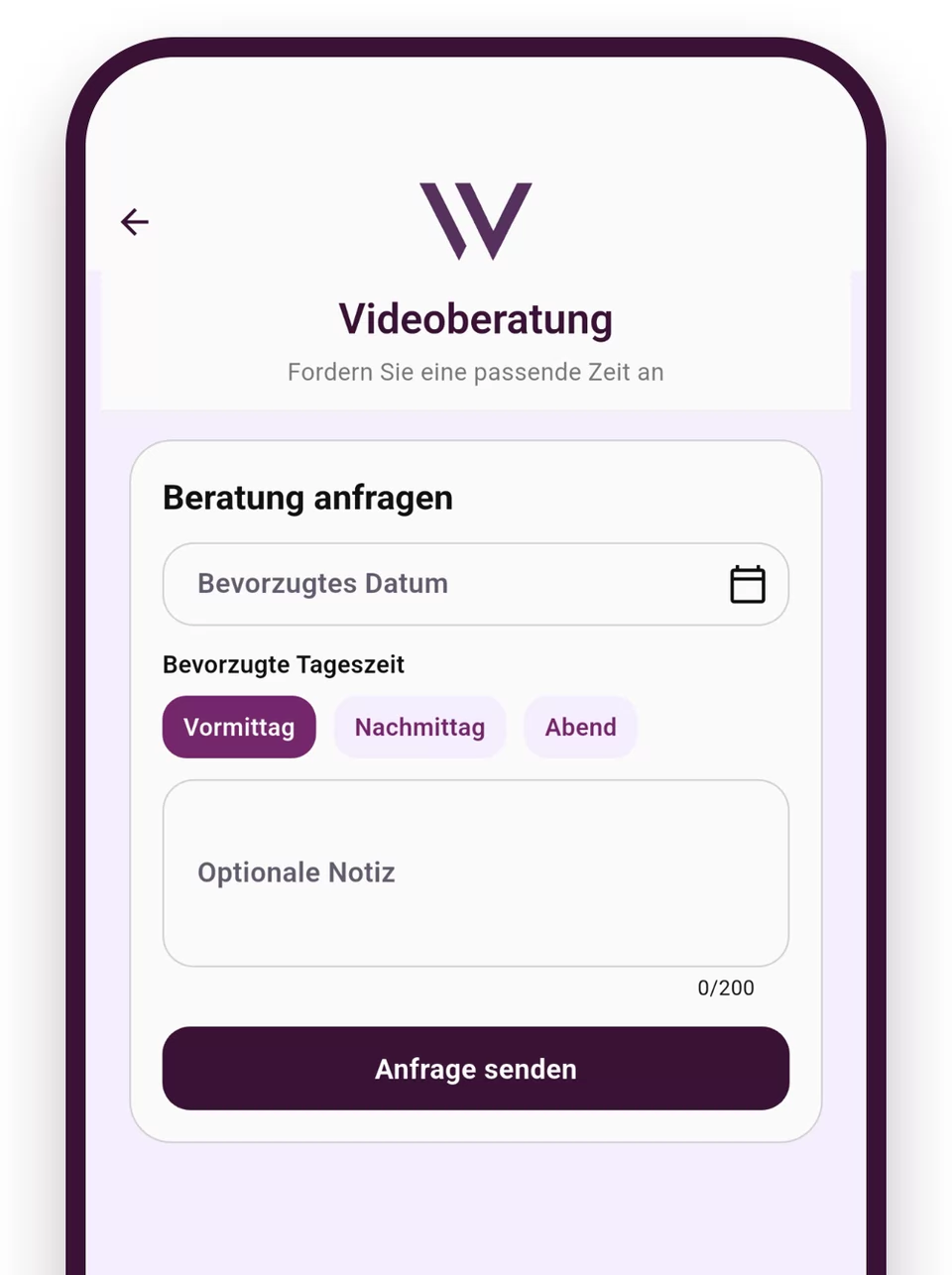 Weight Doctors® App: İstenen tarih, günün saati ve isteğe bağlı notla danışma talep et