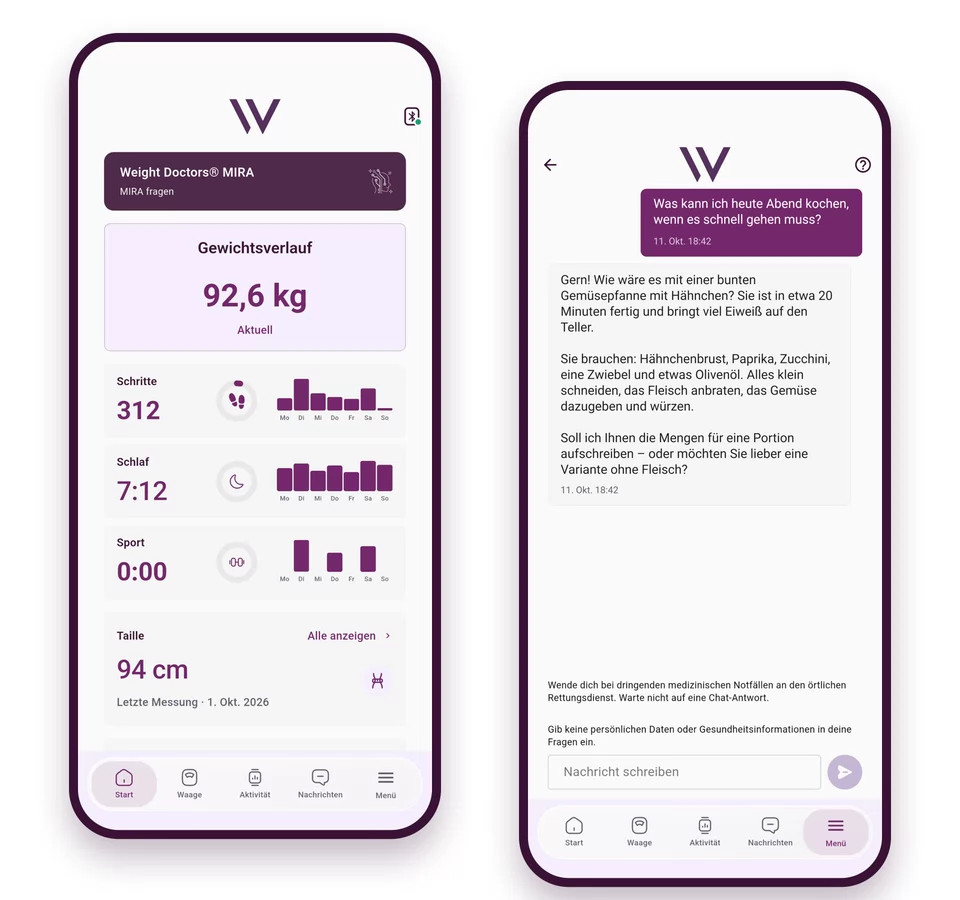 Weight Doctors® App: Mira’ya erişimin bulunduğu ana sayfa ve Mira’nın hızlı bir akşam yemeği önerdiği bir sohbet